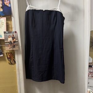 Navy Pinstripe Skirt with Lace Trim
